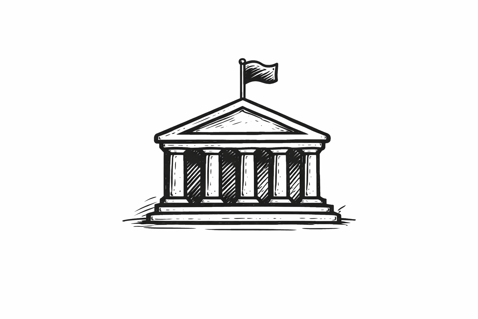A black and white sketch of a government building with classical columns, a triangular pediment, and a flag on top.