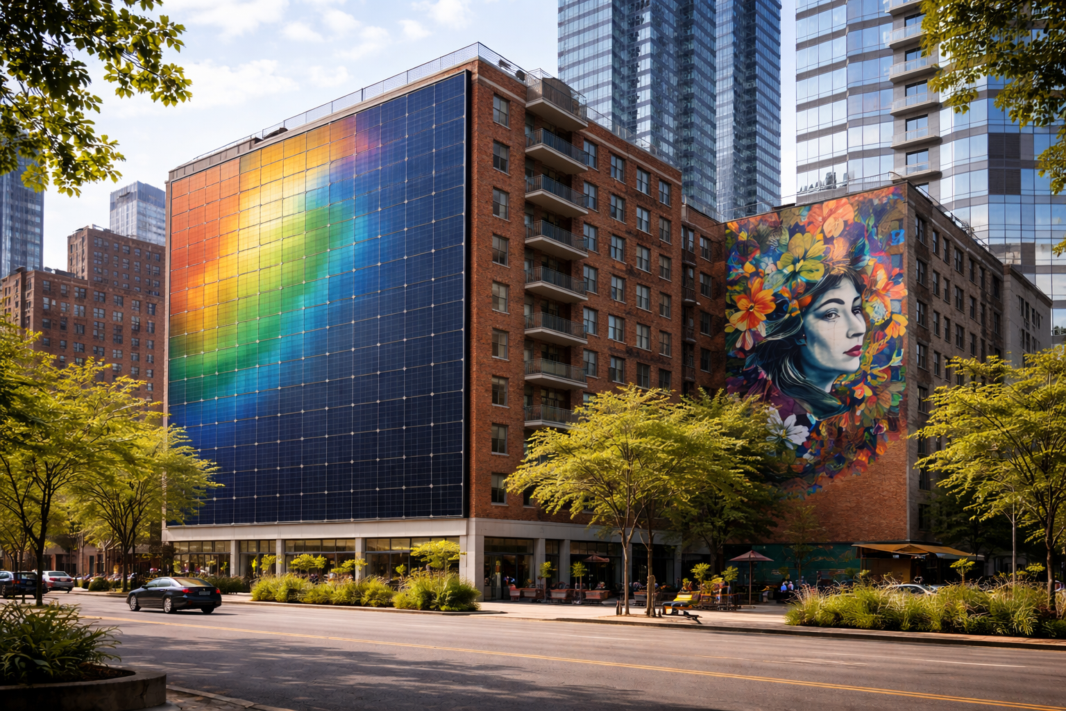 City street with modern skyscrapers, a brick building with a solar panel art installation and a large mural of a woman's face surrounded by flowers, greenery, and outdoor seating.