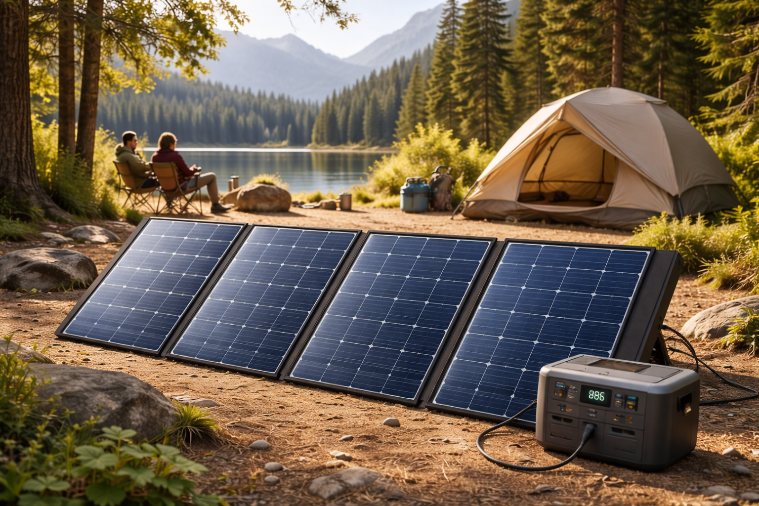 Solar panels set up outdoors near a tent with two people sitting by a lake in a wooded mountain area.