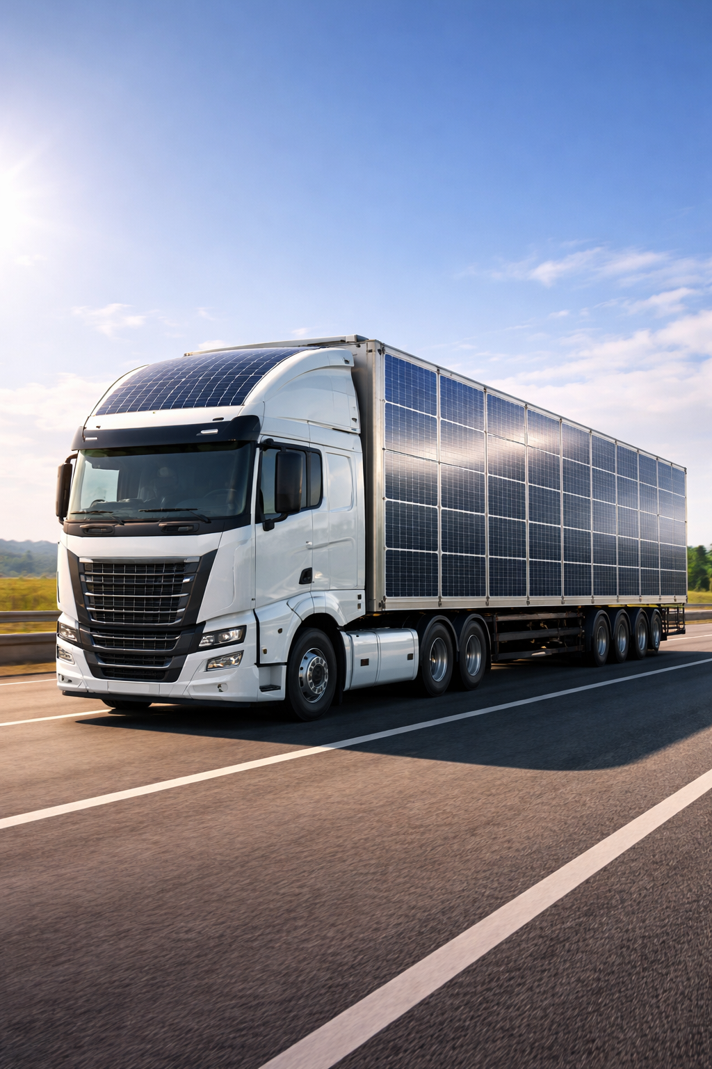 A large white semi-truck with solar panels on the roof and sides driving on an open highway under a blue sky with some clouds.