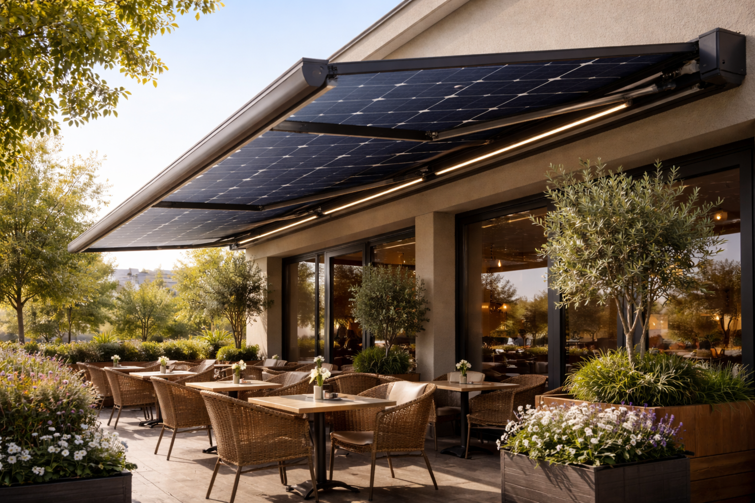 Outdoor patio of a restaurant with wicker chairs and tables, plants, and solar panels on the roof.