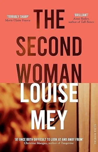 Book cover of "The Second Woman" by Louise Mey. The cover features a blurred photo of a woman with a warm color background and bold text in black, white, and red.