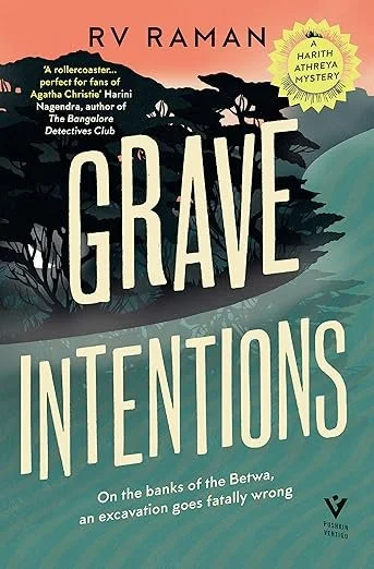 Cover of the book 'Grave Intentions' by RV Raman, featuring a silhouette of a dog on a hill against a sunset or sunrise background with trees and mountains.