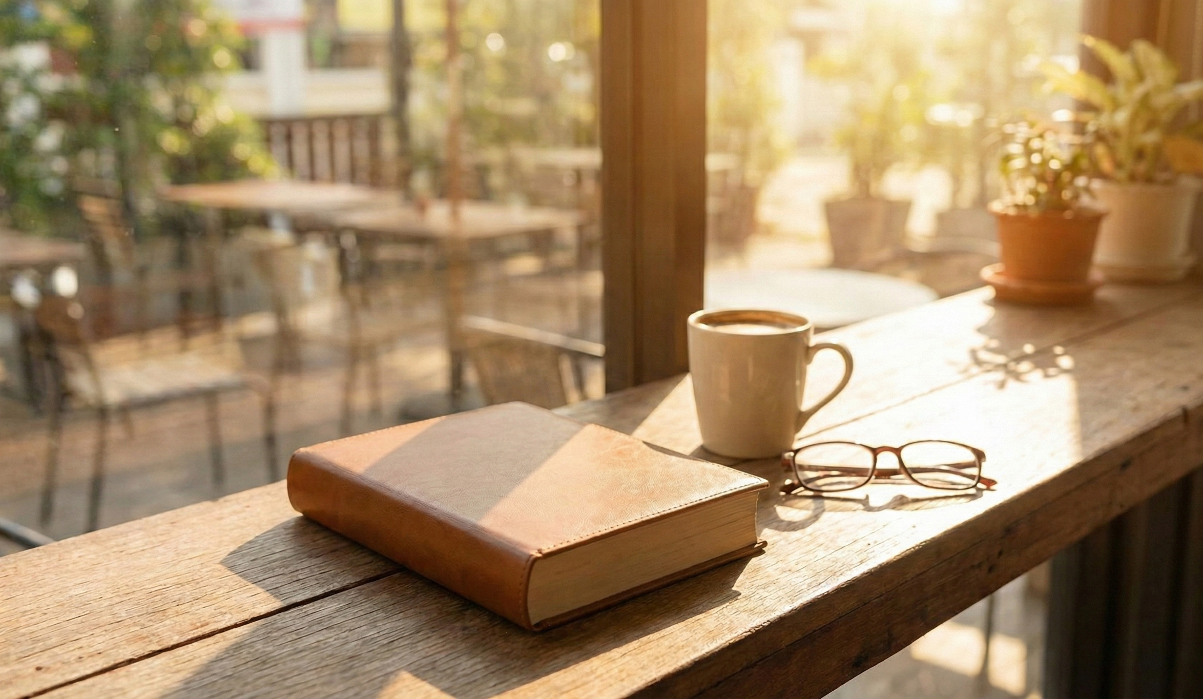 A cozy wooden desk with a closed notebook, a pair of glasses, and a coffee mug, bathed in warm sunlight near a window with potted plants on the windowsill, overlooking an outdoor patio area.