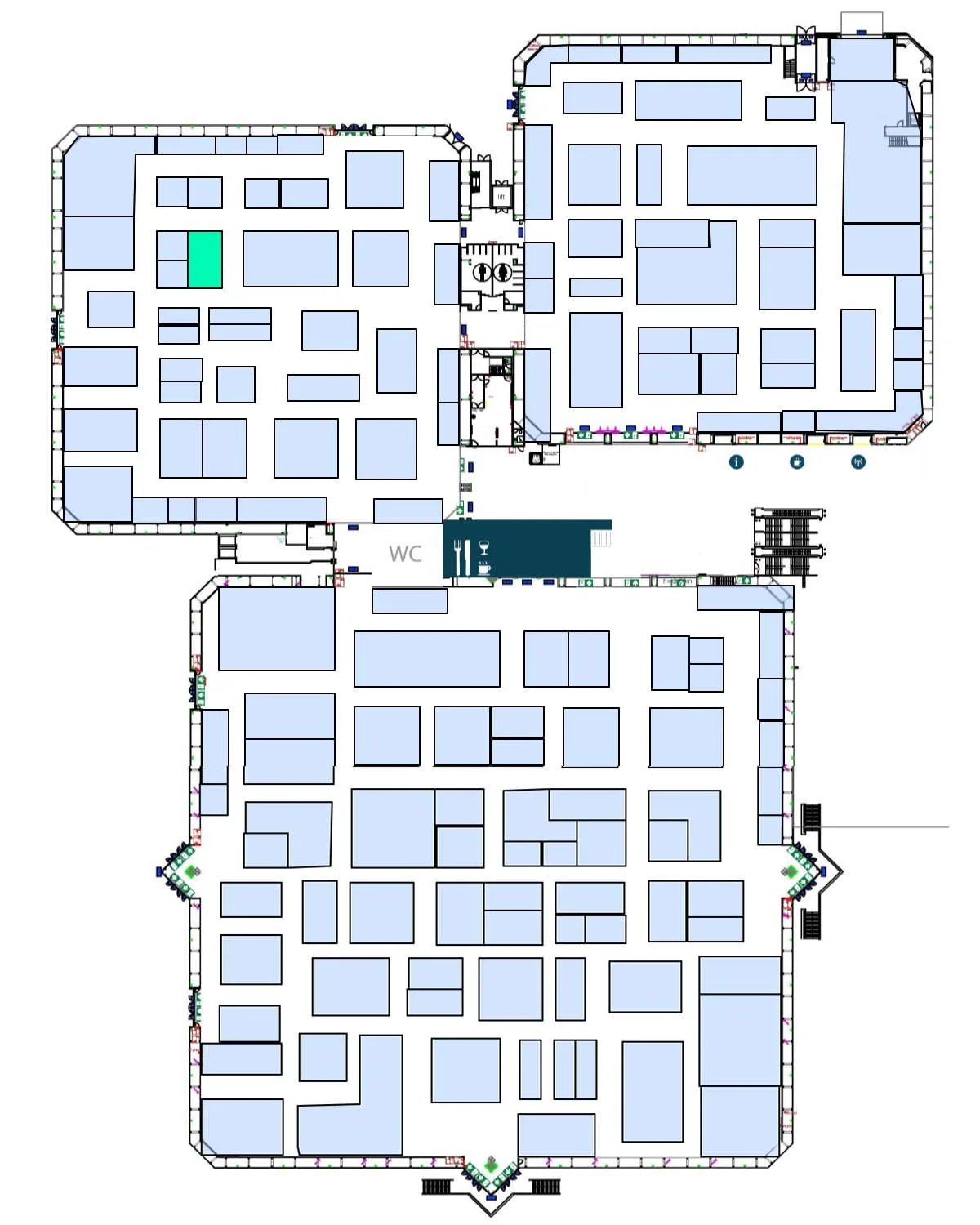 Gedetailleerde plattegrond van een gebouw met meerdere verdiepingen, gangen, kamers, een toilet en liften.