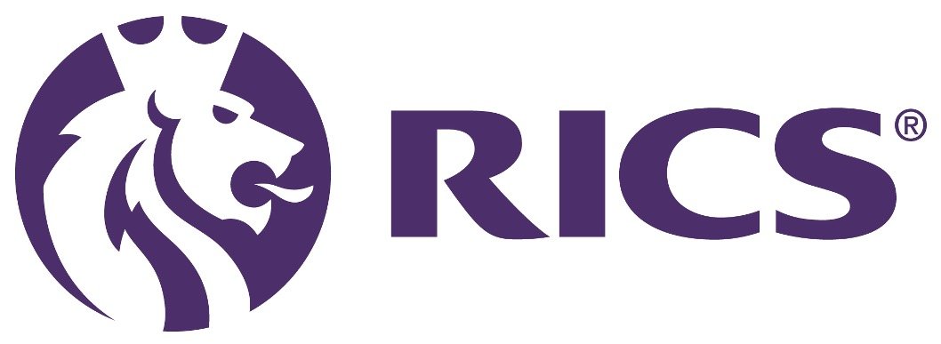 Logo van RICS met een leeuwenhoofd in paarse tinten.