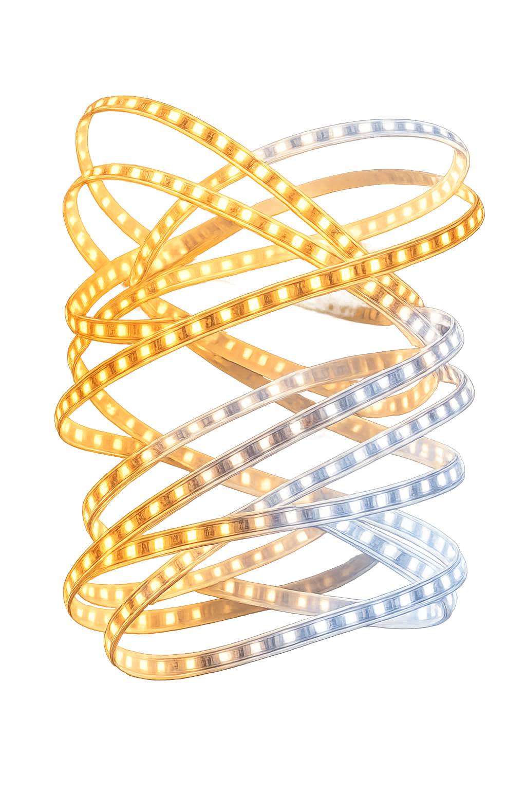 A spiral light sculpture with alternating warm yellow and cool white LED light strips, sitting on a reflective surface.