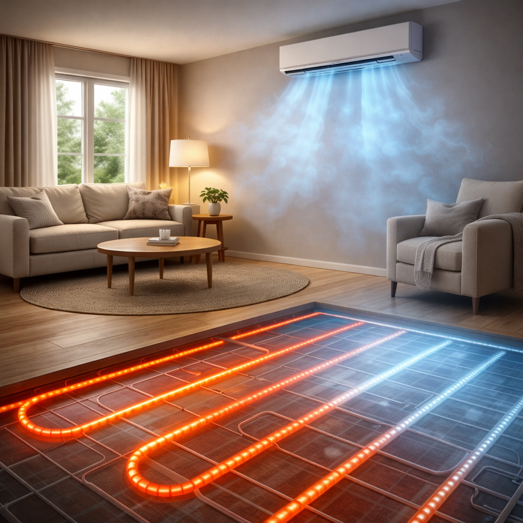 Living room with beige sofas, a round wooden coffee table, a floor lamp, a window with curtains, an indoor plant, an air conditioner with blue airflow graphics, and an electric heated floor with red and blue heating elements.