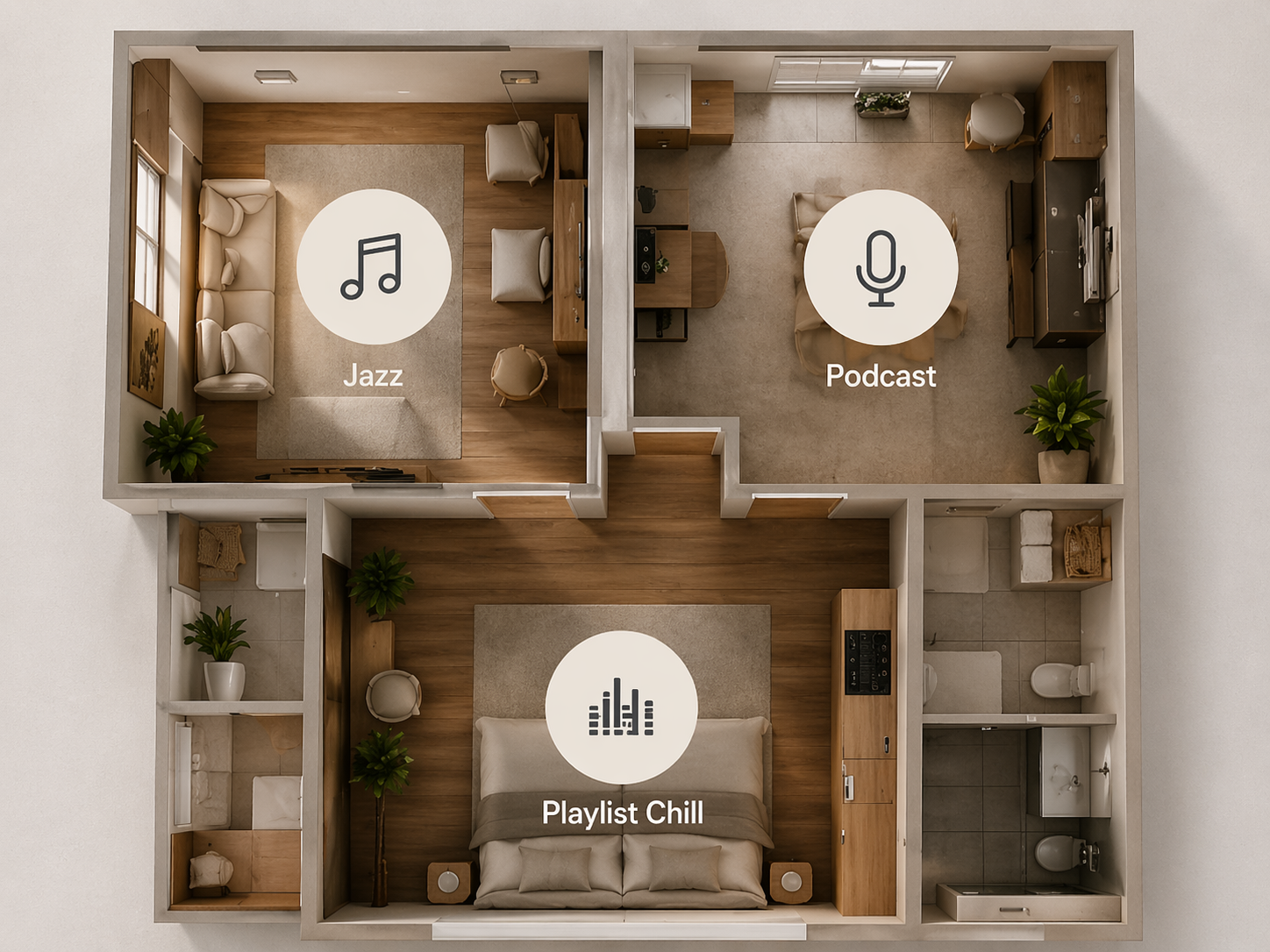 Top-down view of a house layout with three rooms: a bedroom labeled 'Playlist Chill' with a bed and two nightstands, a living room labeled 'Jazz' with a sofa and a TV, and an office labeled 'Podcast' with a desk and a chair.