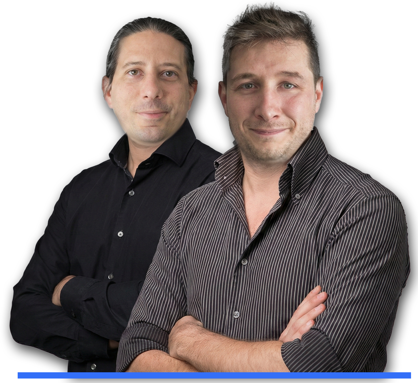 Two men with folded arms, one with dark hair wearing a black shirt, and the other with light brown hair wearing a striped shirt, standing against a black background