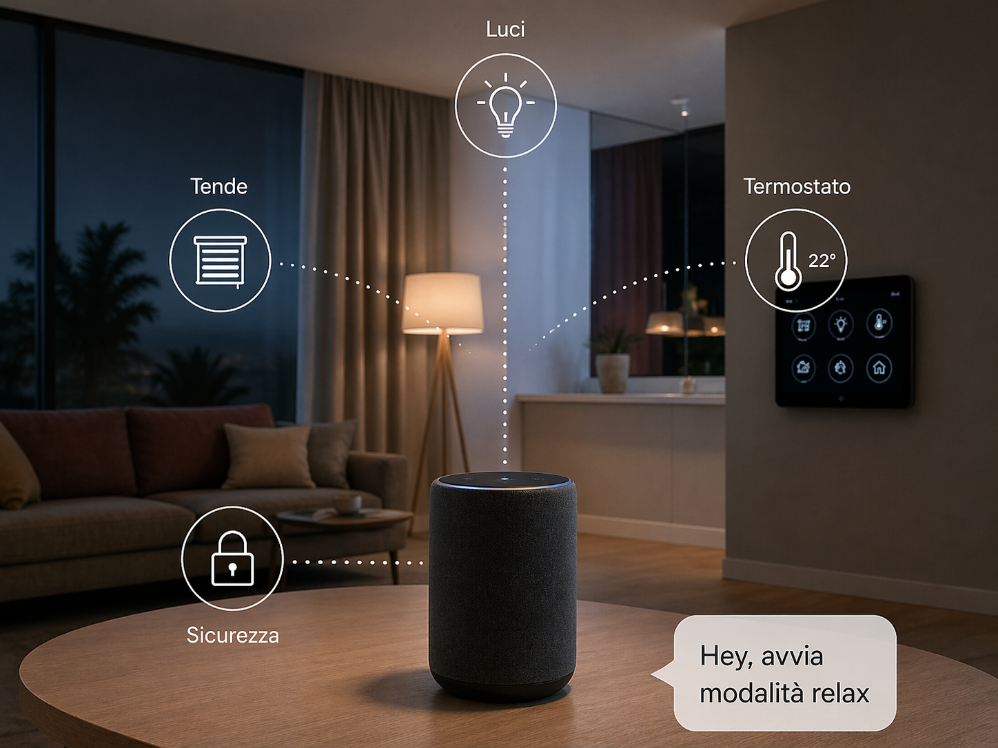 Smart speaker on a wooden table with icons indicating control of blinds, light, thermostat, lock, and security system; living room in background with sofa, pillows, lamp, window, and curtains; digital display on wall showing thermostat at 22 degrees Celsius; speech bubble with Italian text.