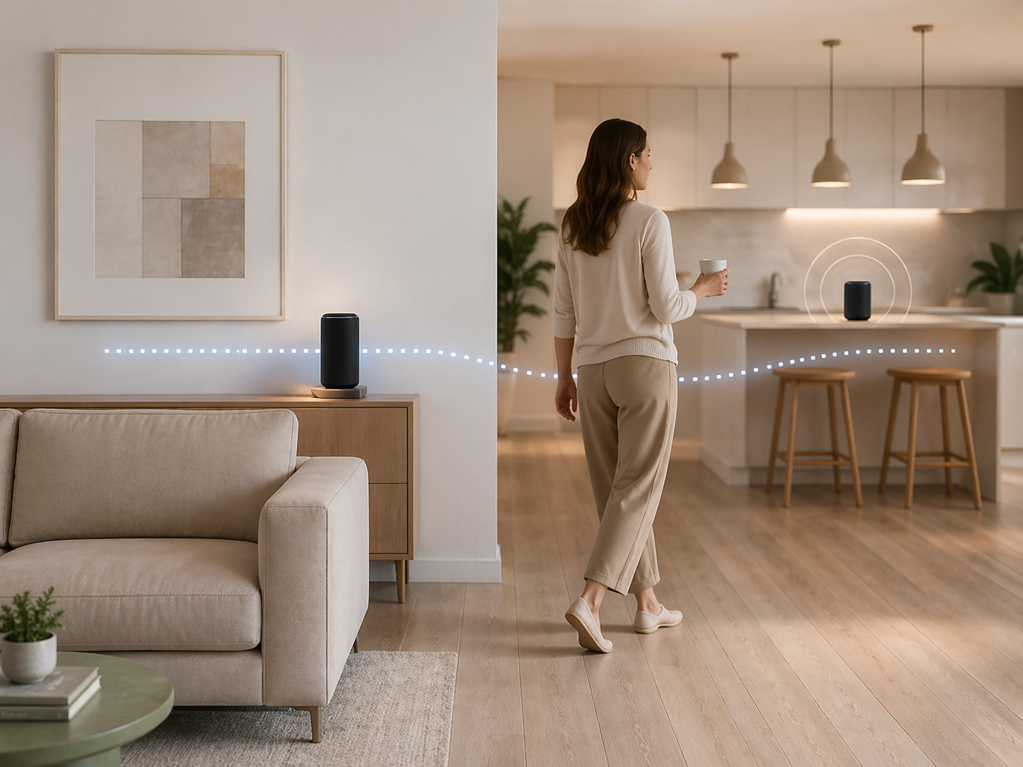 A woman standing in a modern kitchen holding a cup, with a smart speaker on the counter and a glowing sound wave graphic indicating voice control.