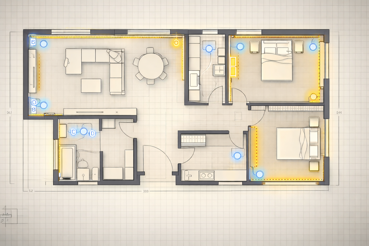 Floor plan of a house with two bedrooms, two bathrooms, a living room, a kitchen, and a dining area. The layout shows doors, windows, and interior lighting.