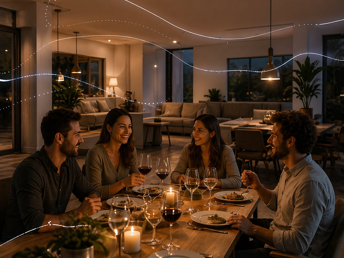 Four friends enjoying dinner together at a restaurant, with candles and wine glasses on the table, in a cozy and well-lit indoor space.