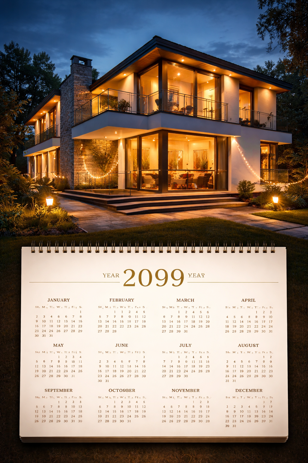 Modern two-story house illuminated at night with outdoor string lights, glass railings, stone chimney, and a calendar for the year 2099 displayed in the foreground.