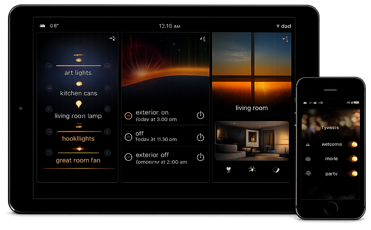 Smart home control panels on tablet and smartphone screens displaying lighting, exterior, and living room settings, with sunset images and room controls.