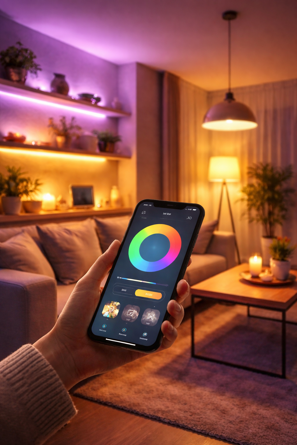 Person controlling smart lighting with a smartphone app in a cozy living room with candles, plants, sofa, lamp, and shelves.