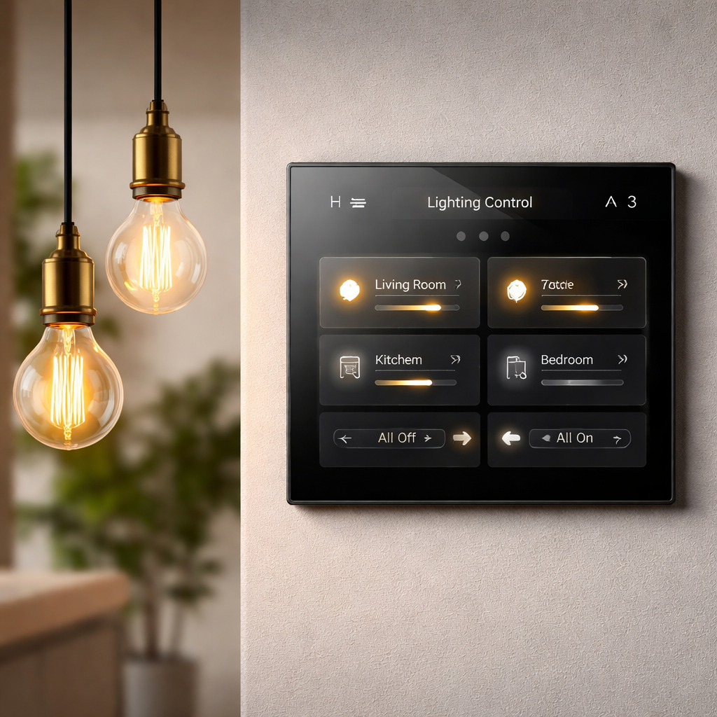Smart home lighting control panel with options to control the living room, 7-tact, kitchen, and bedroom lights, along with on/off settings.