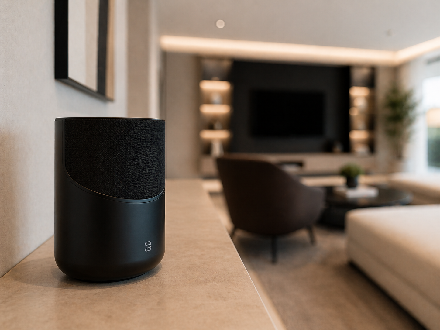 Close-up of a black smart speaker on a light-colored wooden table in a modern living room with a blurred background of a television, armchair, and decorative shelves.
