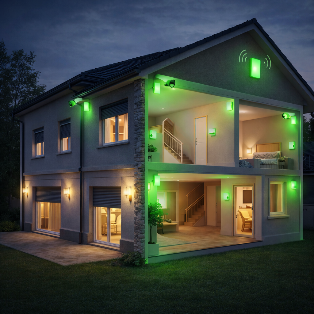 Cross-sectional view of a two-story house at night with green smart home security sensors and cameras installed outside and on the interior walls.
