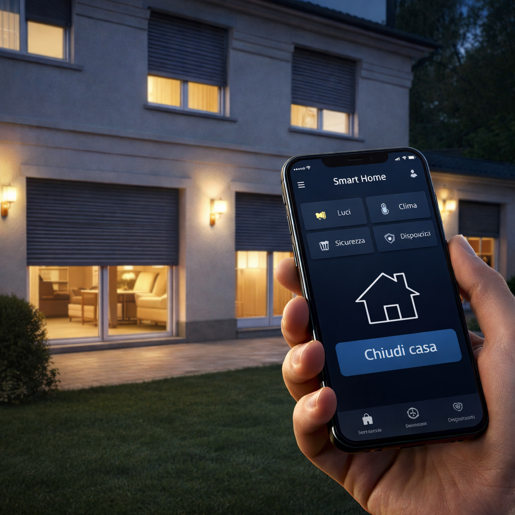 A person holding a smartphone with a smart home app open in front of a modern house with outdoor lights on at dusk.