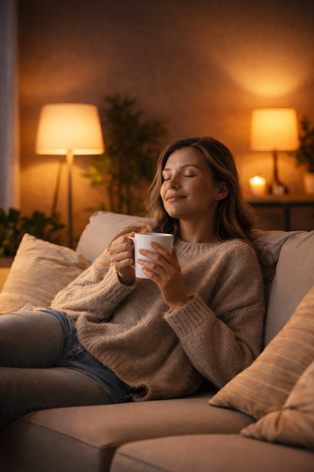 A woman relaxing on a sofa, holding a mug and smiling with her eyes closed in a cozy living room with warm lighting from lamps and candles.