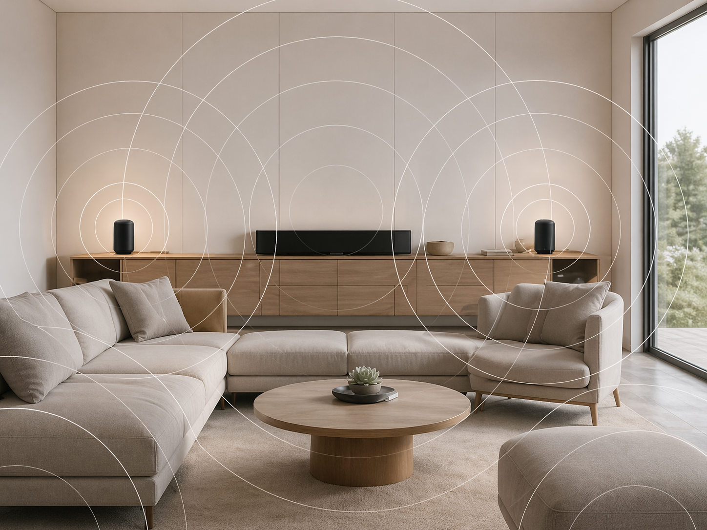 Modern living room with beige sectional sofa and armchair, round wooden coffee table with a plant, wooden sideboard with black speakers and decorative bowl, large window showing greenery outside.