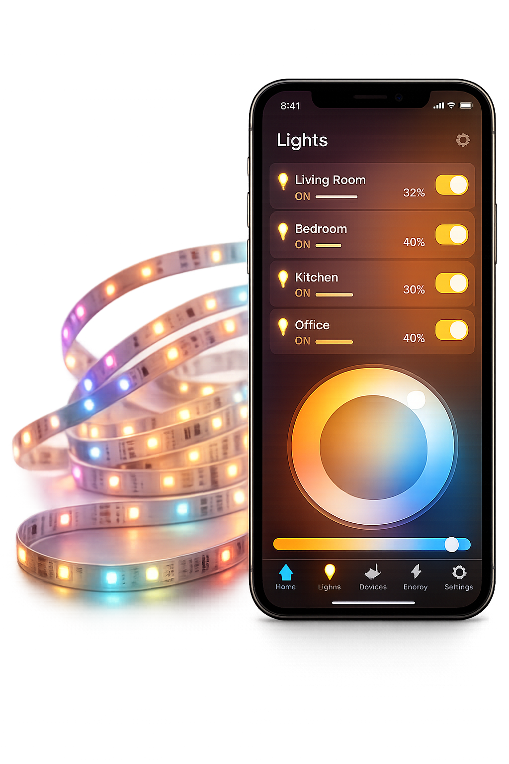 Smartphone screen displaying a lighting control app with options for Living Room, Bedroom, Kitchen, and Office lights, along with color and brightness controls; LED light strip with multicolored lights in the background.