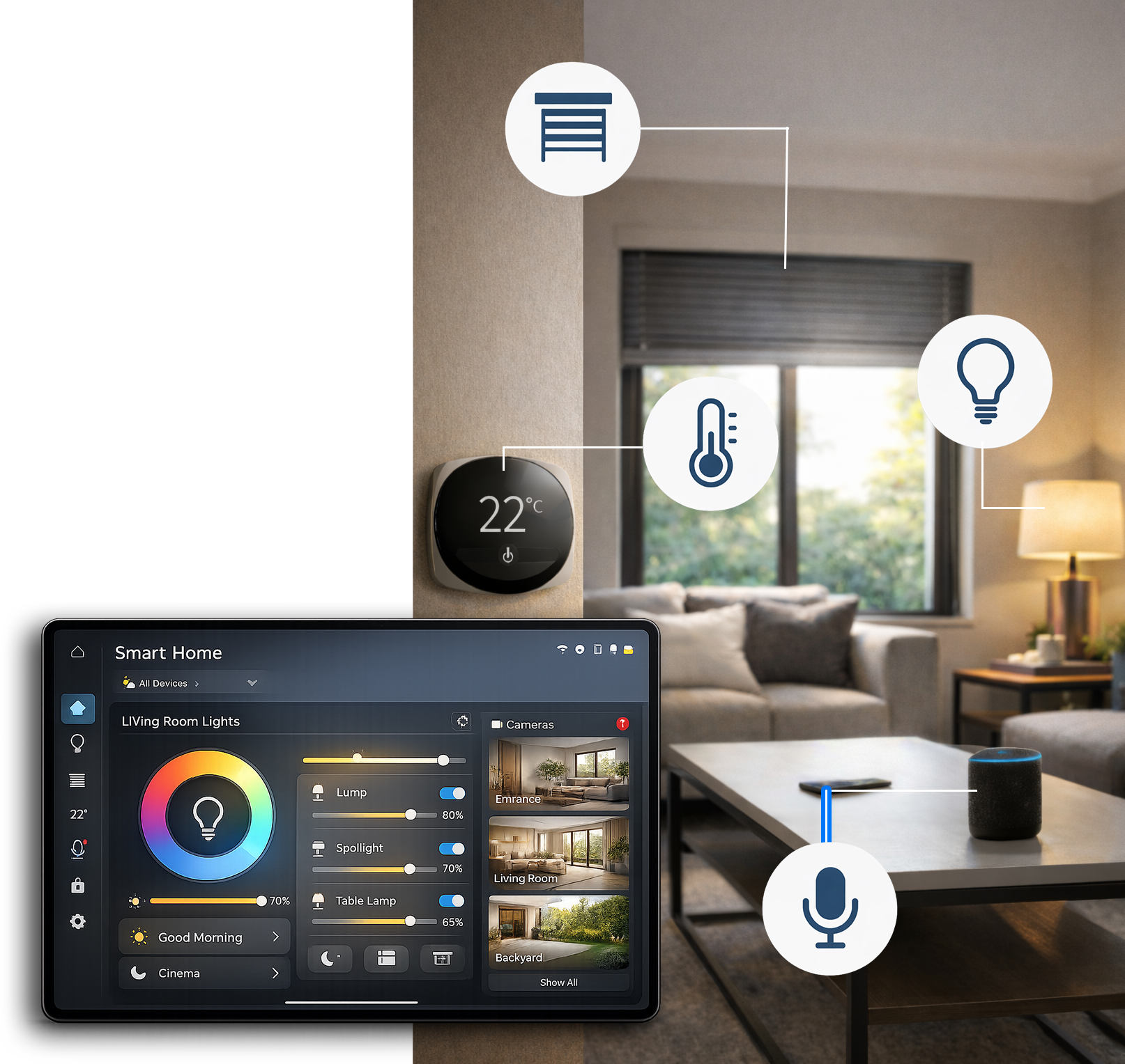 A living room with a thermostat on the wall, a window with blinds, a table lamp, a smart home control interface on a tablet, and icons indicating smart home functions like lighting, temperature, and voice command.