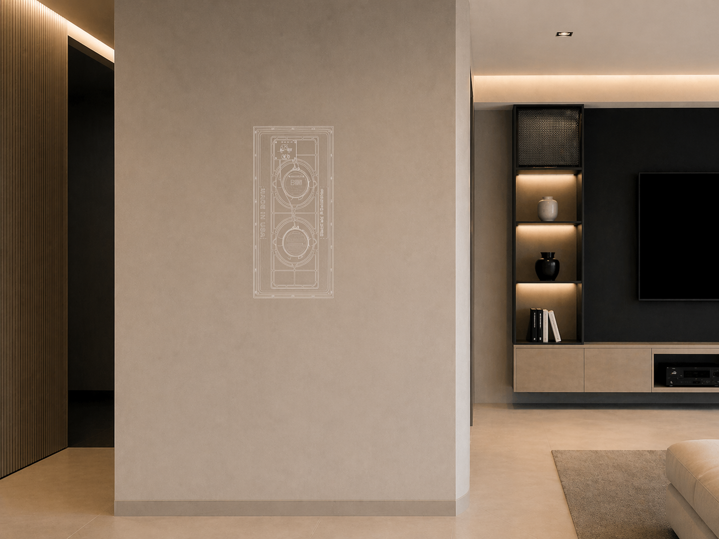 Interior view of a modern living room with a beige wall featuring a transparent drawing of a speaker, a built-in black and beige shelving unit with decorative vases and books, and a large black TV screen.