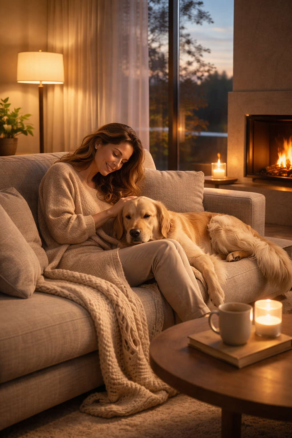 A woman with long, wavy hair sitting on a beige sofa, petting a golden retriever that is resting beside her. The cozy living room is softly lit by a standing lamp, candles, and the fireplace, with large windows showing a sunset and trees outside.