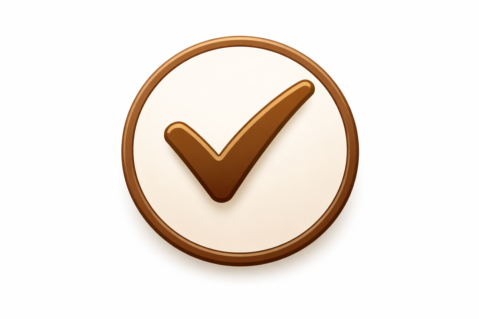 Brown checkmark inside a circular badge with a beige background.