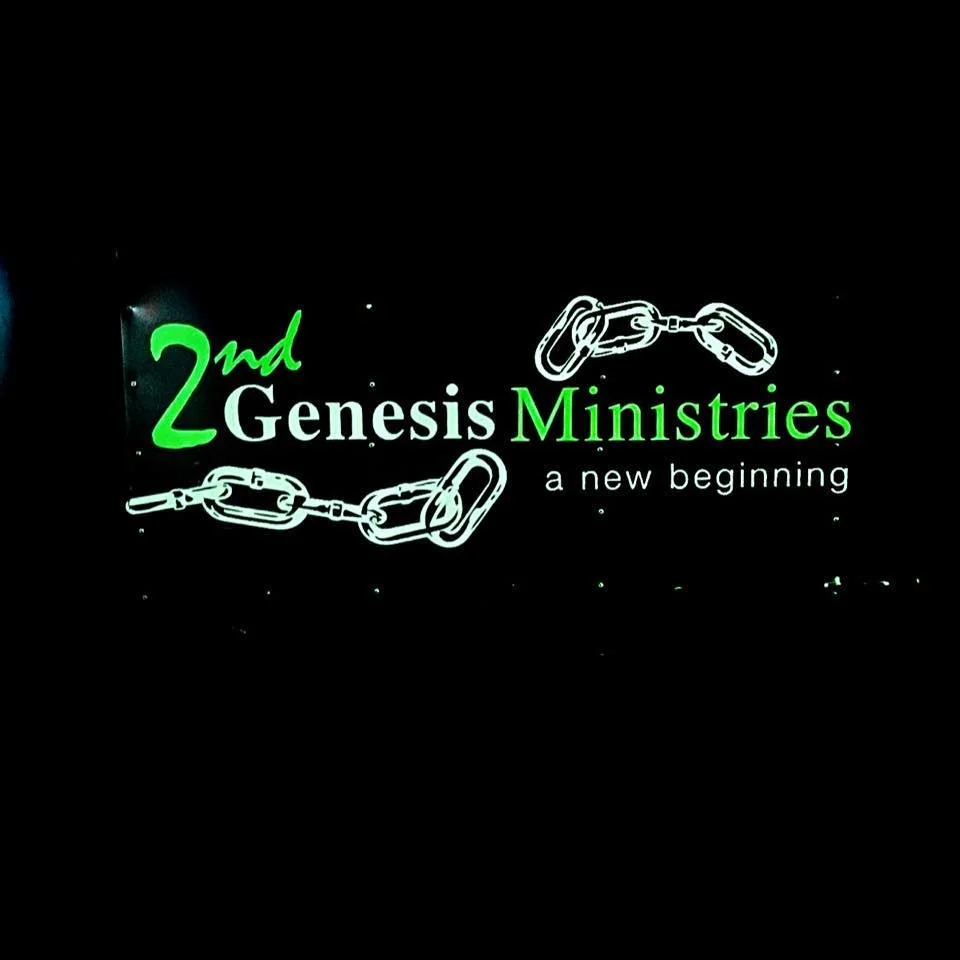 Sign with text '2nd Genesis Ministries a new beginning' and illustration of broken chains.