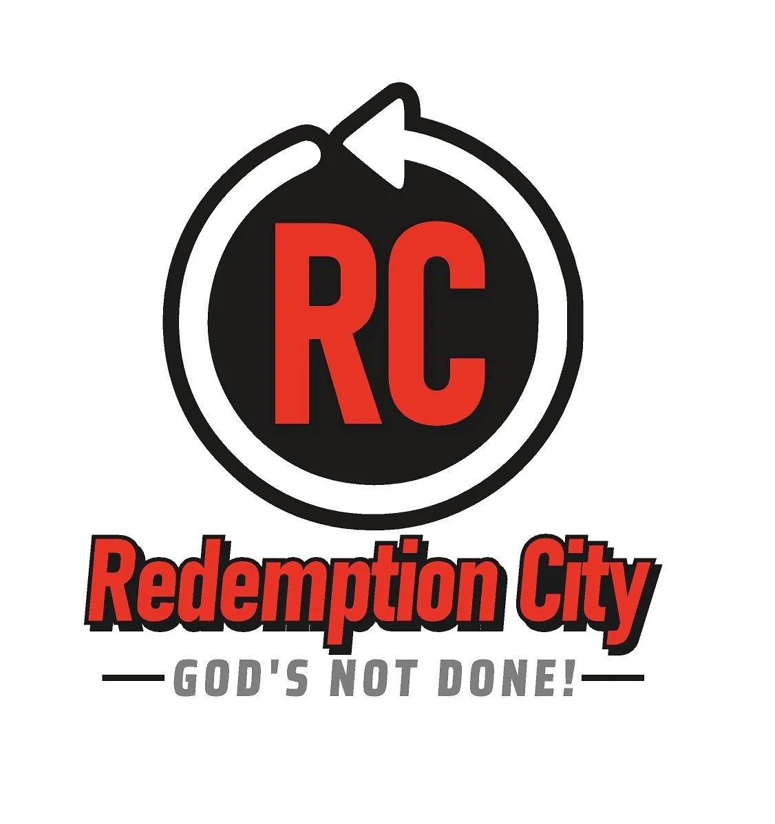 Logo for Redemption City with a black and red circular emblem containing the letters RC, and the words Redemption City and God’s Not Done!