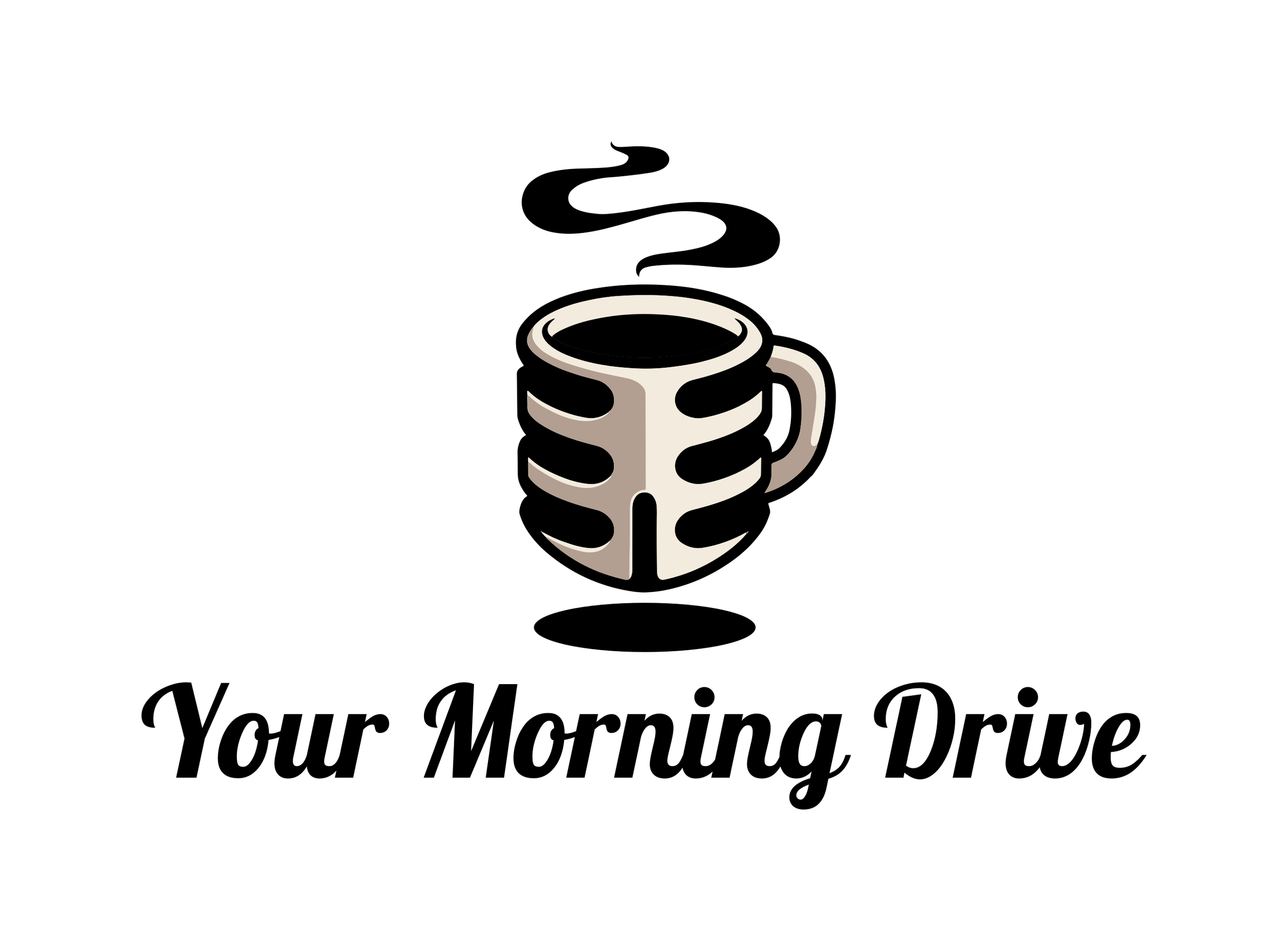 A stylized, black and white illustration of a coffee mug with bold, curved lines and a handle, set against a black background.