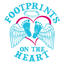 Footprints shaped like a heart with angel wings and a halo, surrounded by text saying 'Footprints on the Heart'.