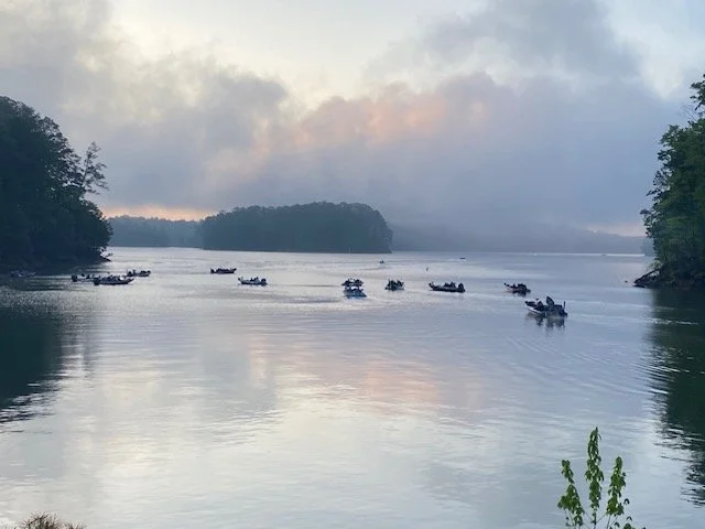 A river scene with several boats floating on calm water, surrounded by trees and a cloudy sky in the background.