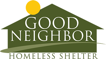 Logo for Good Neighbor Homeless Shelter with green house icon and yellow circle representing the sun