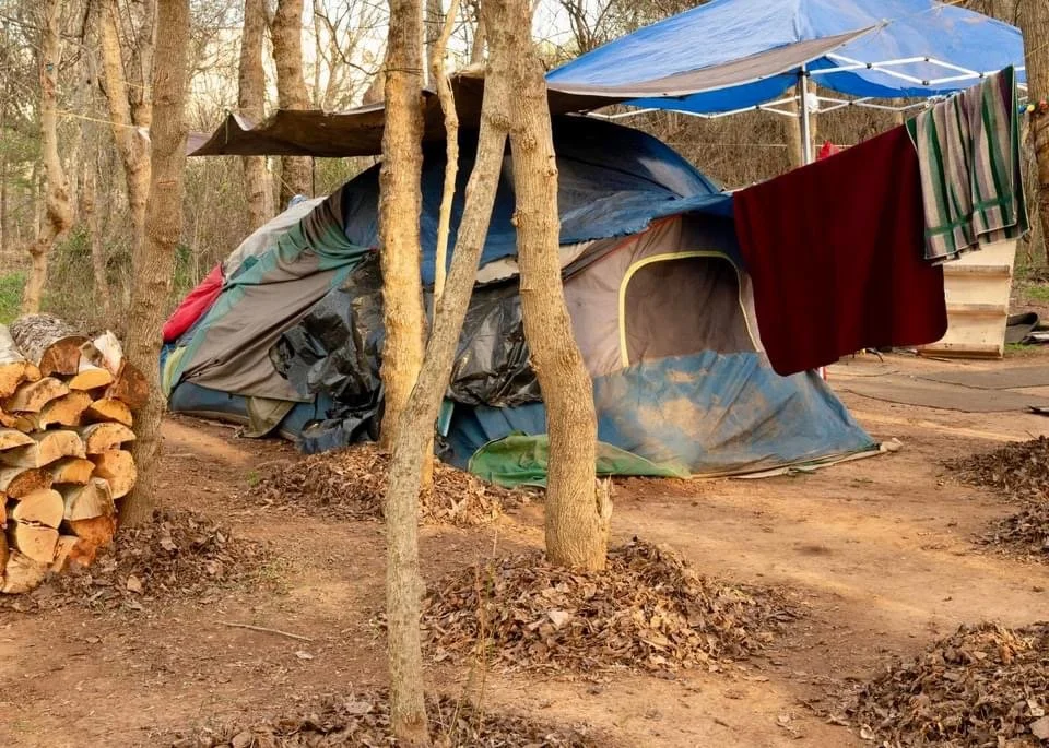 A makeshift outdoor shelter made from building materials and fabric in a wooded area, with a pile of cut wood nearby and it appears to be used as a camping or camping-like setup.