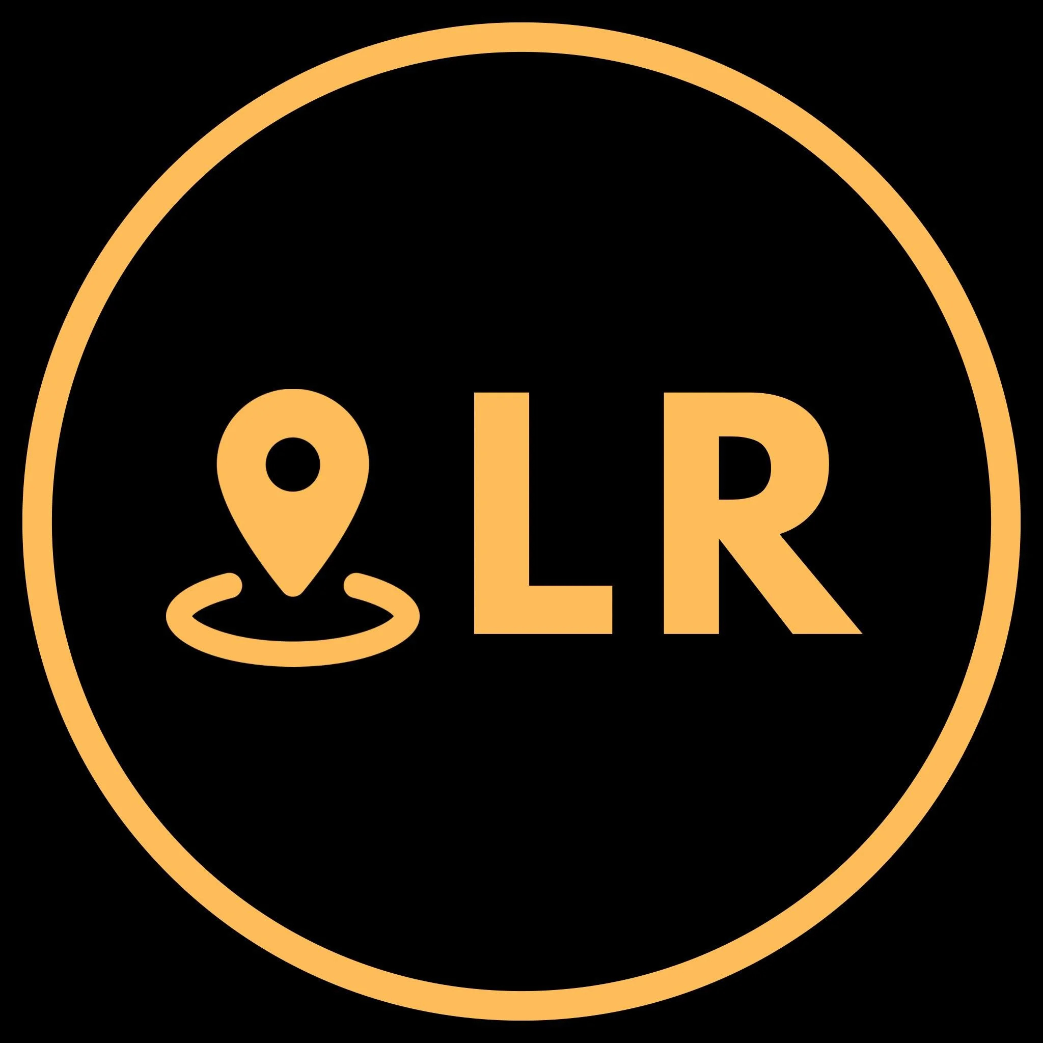 Black circular logo with a gold border, featuring a location pin icon with a small circle underneath, next to the letters 'LR' in gold.