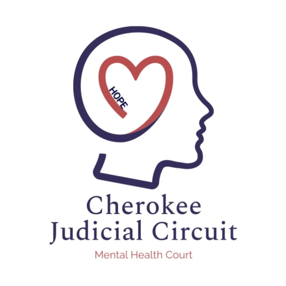 Logo for Cherokee Judicial Circuit Mental Health Court featuring a stylized side profile of a human head outline with a heart inside, and the word 'HOPE' inside the heart. Text below reads 'Cherokee Judicial Circuit' and 'Mental Health Court'.