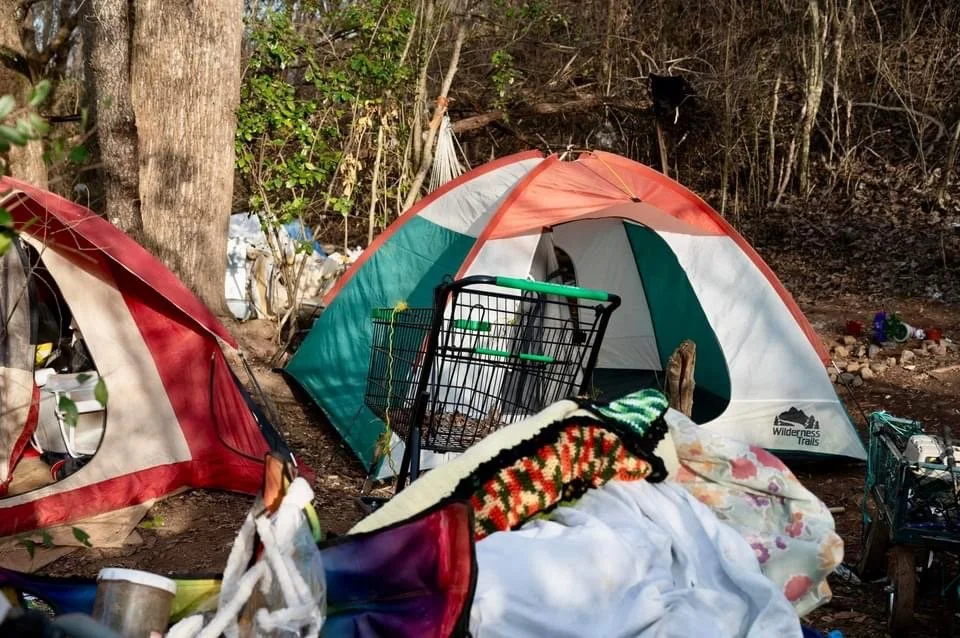 Camping scene with two tents, one red and one green and white, set up in a wooded area. Various camping supplies, including a shopping cart, blankets, and a bag, are scattered around.