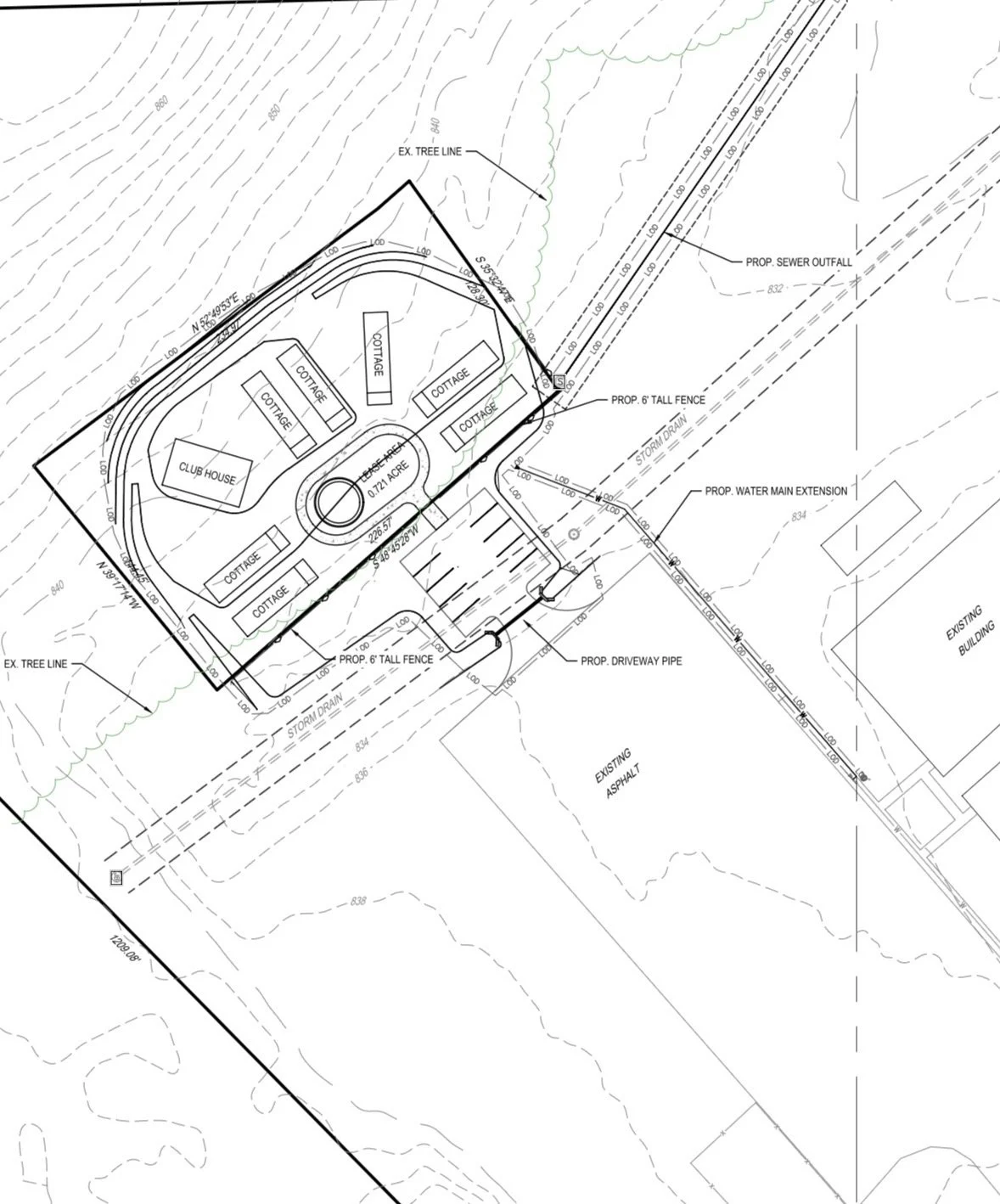 Architectural site plan showing a cluster of cottages, a clubhouse, fencing, water extension, sewer outfall, driveway, storm drain, and existing infrastructure with contour lines.