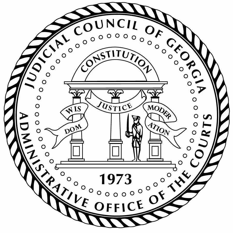 Seal of the Judicial Council of Georgia, featuring a classical columned figure holding a sword, with banners reading "Wisdom," "Justice," and "Moderation." The seal includes the text "1973" and "Administrative Office of the Courts."