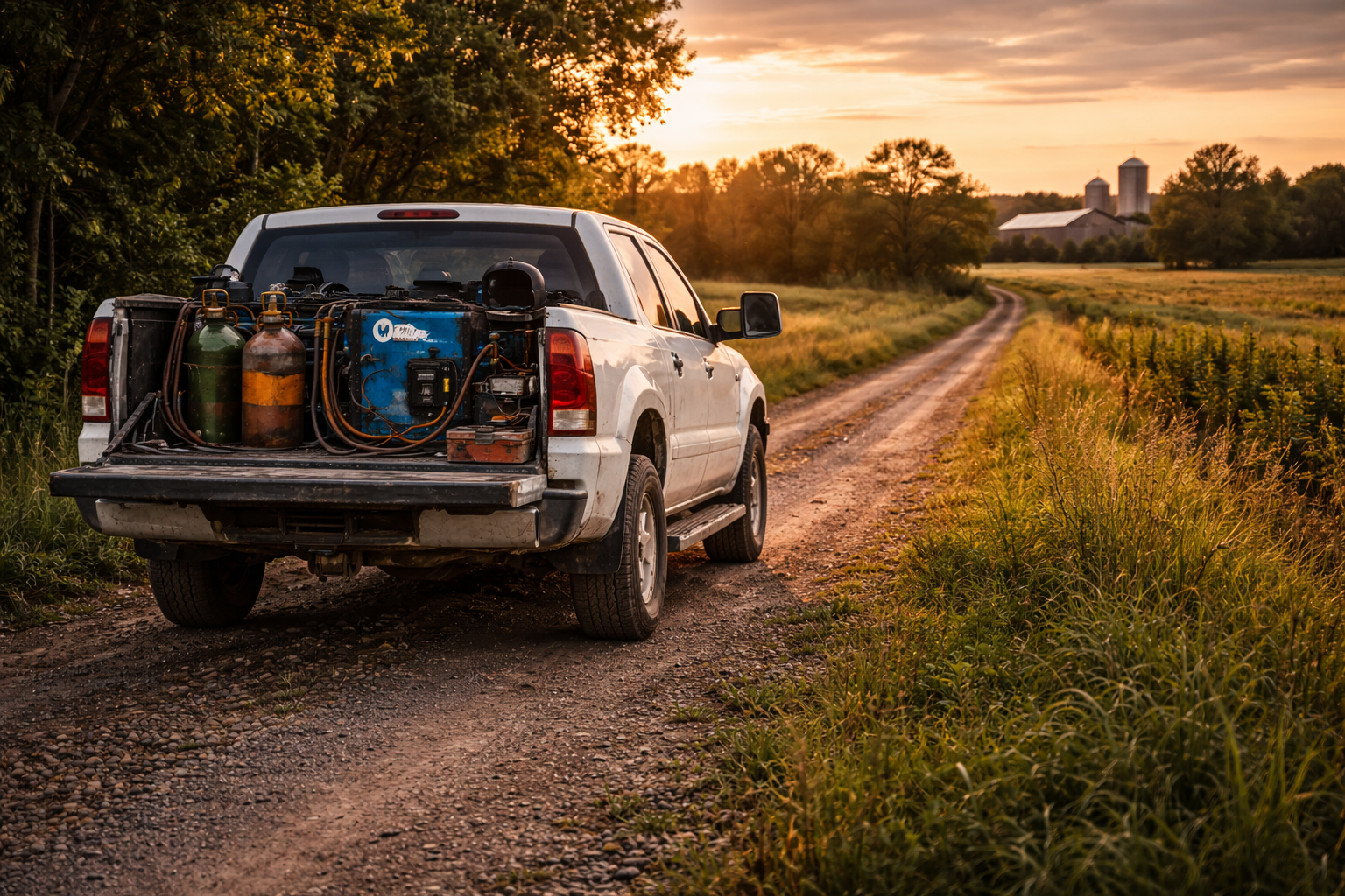 A white pickup truck parked on a dirt road in a rural area during sunset, with various gas tanks and equipment in the truck bed and a farm with silos in the distance.