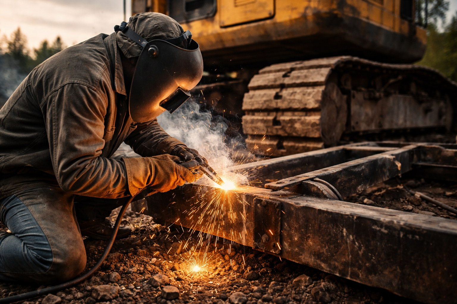A person welding on a large metal railroad track near a construction vehicle at sunset.