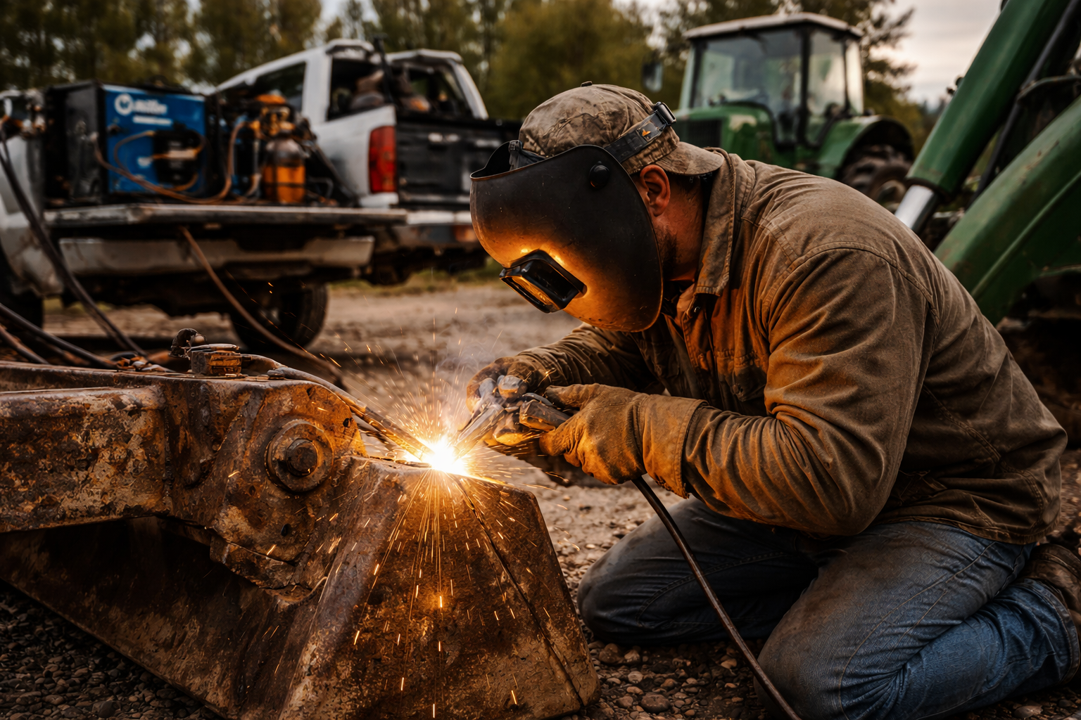 A man welding a rusty metal attachment on farm equipment outdoors.