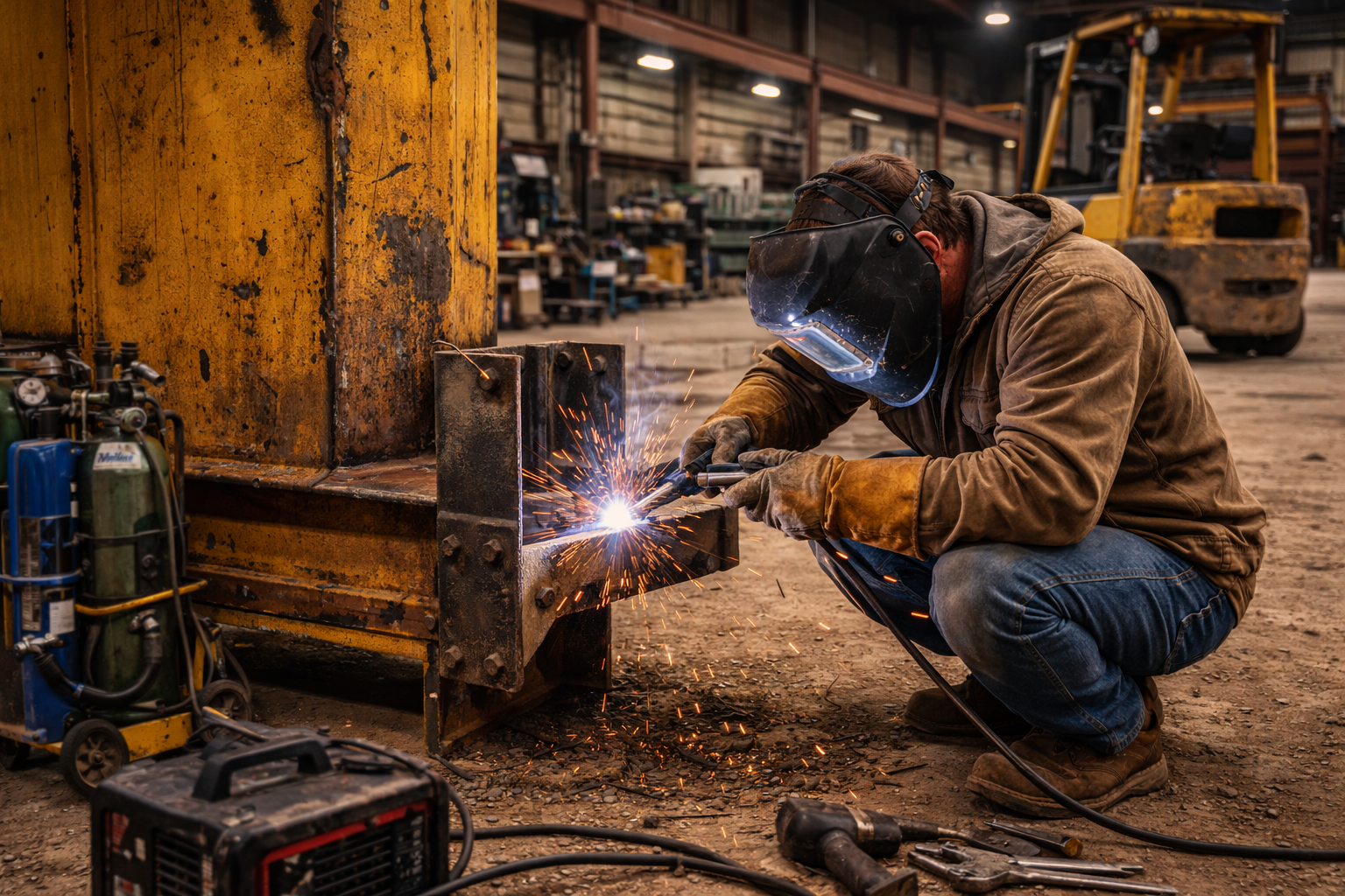 A man wearing protective gear welding metal in a factory or workshop.
