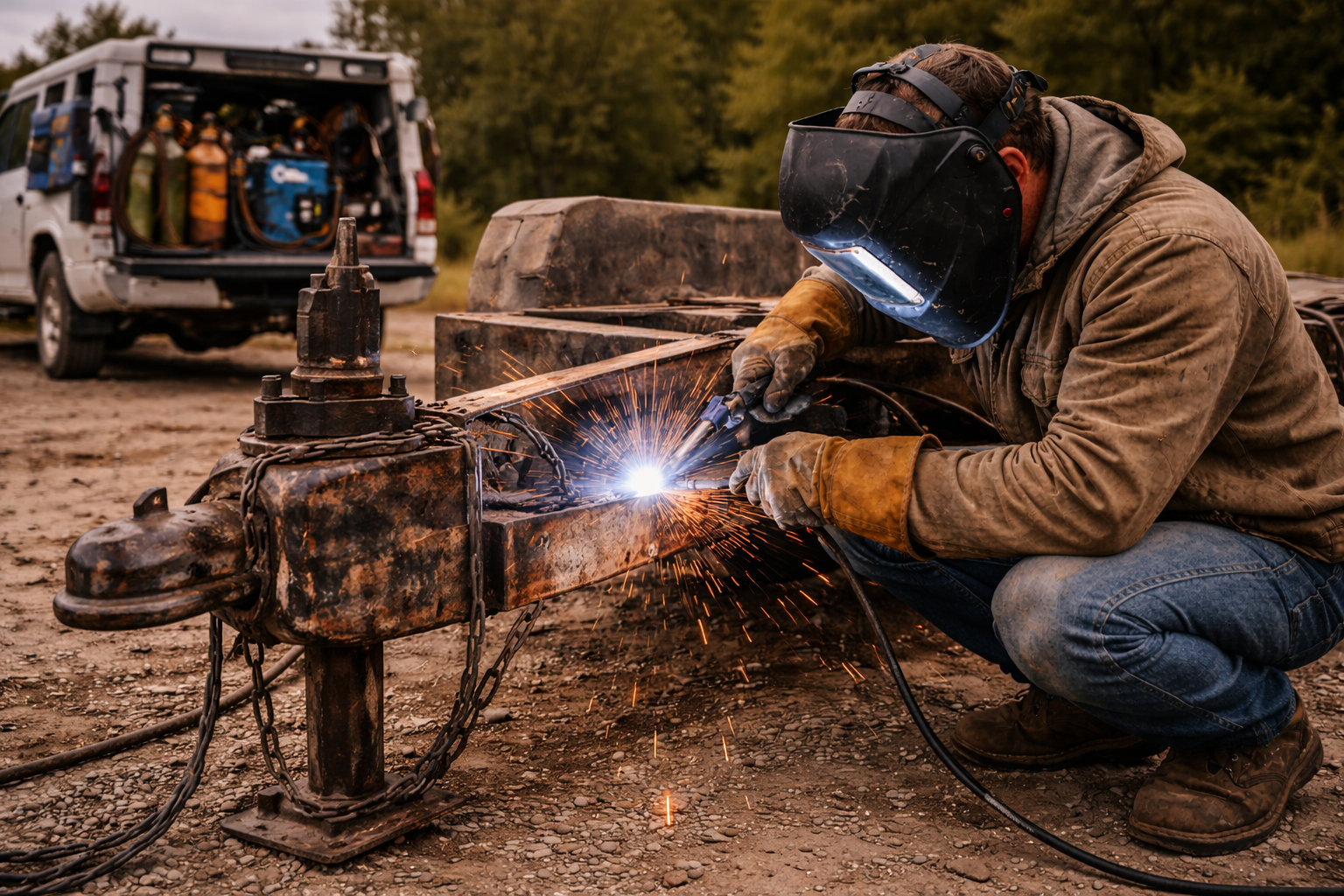 A person welding a metal trailer hitch on a rusty vehicle frame outdoors, wearing a welding helmet, gloves, and a brown jacket, with a white utility van in the background filled with tools and equipment.