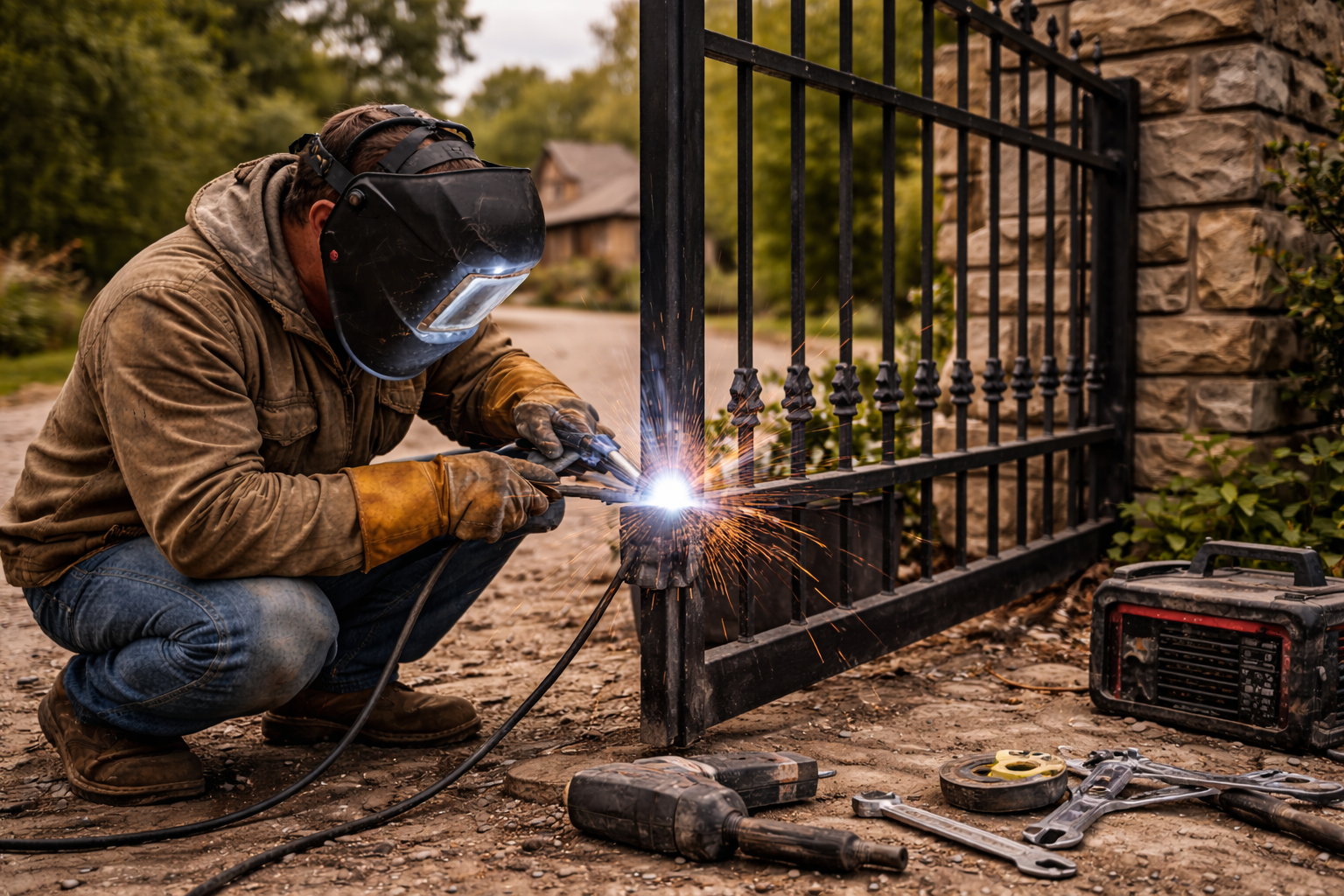 A man welding a metal gate outdoors, wearing safety gear including a welding helmet and gloves, with welding tools and equipment nearby.